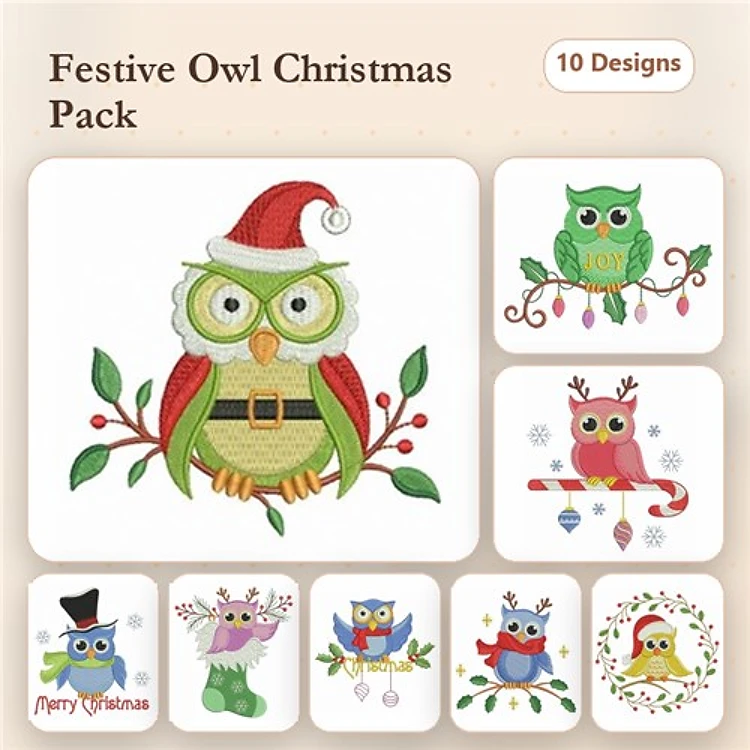 Festive Owls Embroidery Bundle – Santa Owl, Owl with Ornaments, Pink Owl with Candy Cane & More (10 Designs)