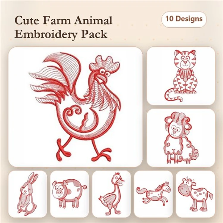 Farm Animal Embroidery Bundle – Cute Designs (10 Designs)
