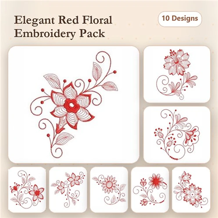 Redwork Elegant Floral Embroidery Designs Bundle – Red Floral Arrangement, Ornate Red Floral Design & More (10 Designs)