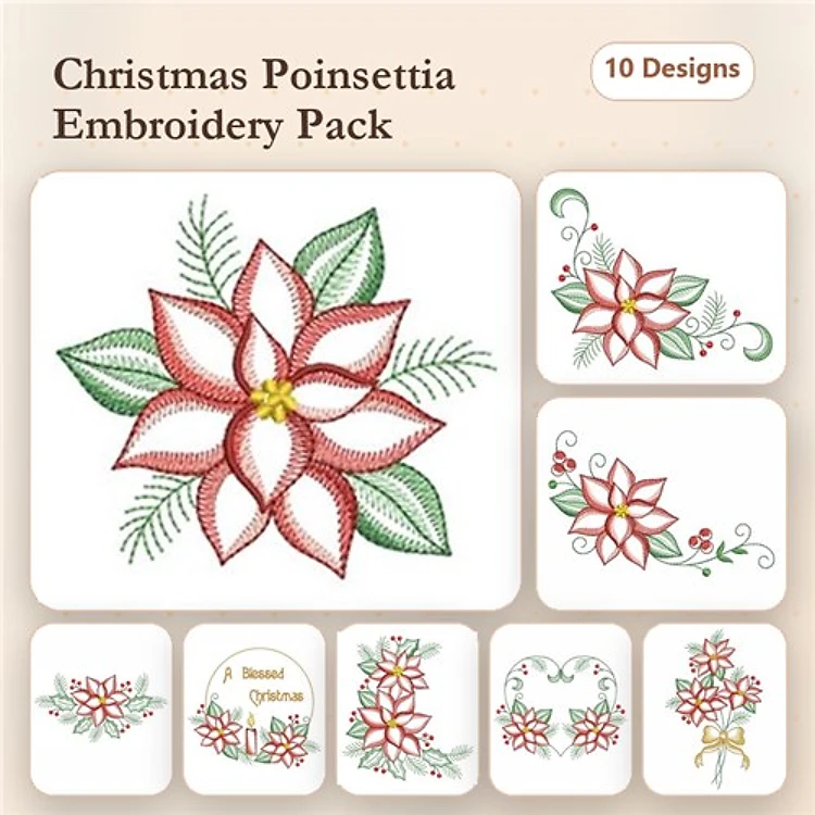 Poinsettia Embroidery Bundle – Floral Ornament, Wreath, Border & More (10 Designs)