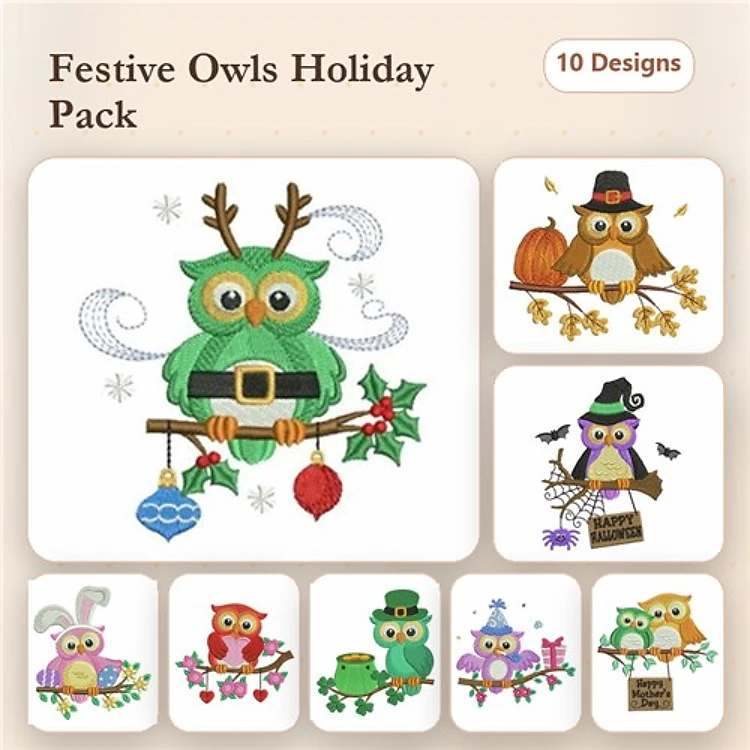 Festive Owls Embroidery Bundle – Owl with Antlers, Owl with Pumpkin, & More (10 Designs)