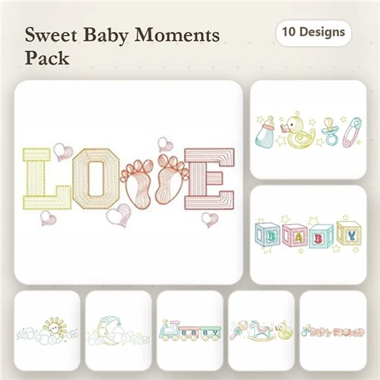 Baby Themed Embroidery Bundle – LOVE with Baby Feet, Baby Bottle, Rubber Duck & More (10 Designs)