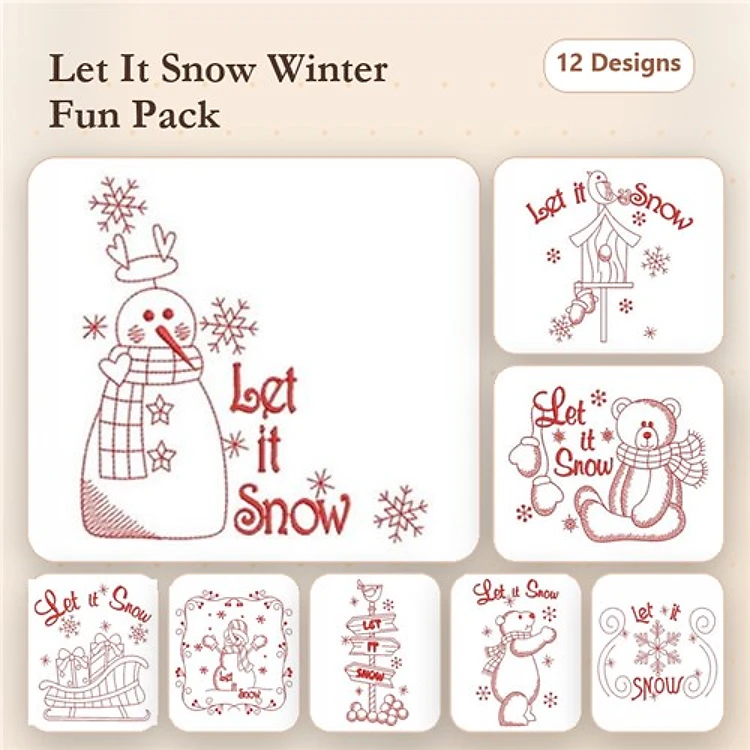 Redwork Winter Embroidery Designs Bundle – Snowman, Penguin, Snowbear & More (12 Designs)