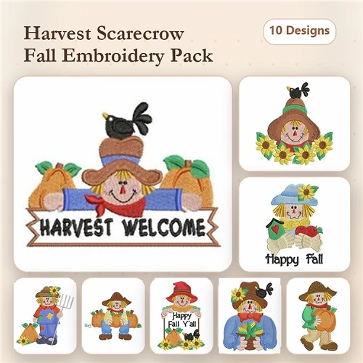 Harvest Scarecrow Embroidery Designs Bundle – Scarecrow with Sunflowers, Happy Fall Scarecrow, Pumpkin & More (10 Designs)