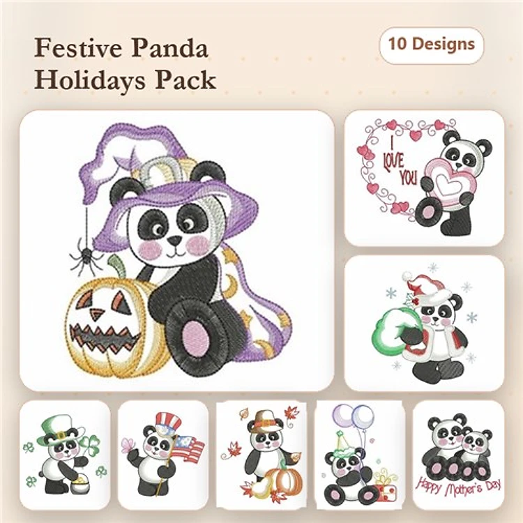 Panda Holiday Themes Embroidery Designs Bundle – Pumpkin, Heart, Cake & More (10 Designs)