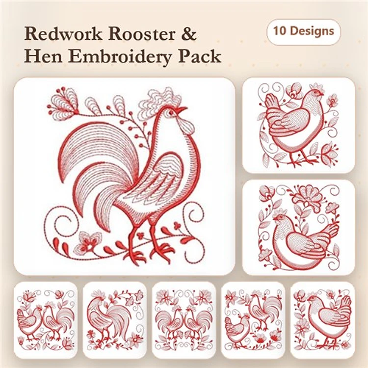 Redwork Farm Animals Embroidery Designs Bundle – Rooster with Flowers, Hen Nesting, Floral Rooster Scene & More (10 Designs)