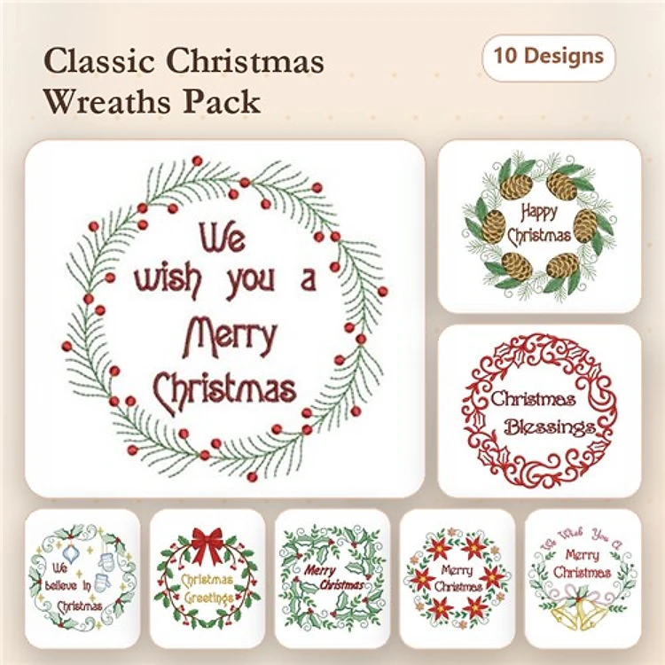 Redwork Christmas Wreath Embroidery Designs Bundle – Merry Christmas, Christmas Blessings, Festive Wreath & More (10 Designs)