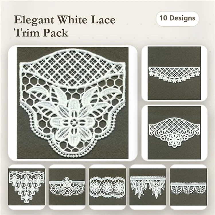 FSL Elegant Lace Embellishments Embroidery Designs Bundle – Butterfly Lace Trim, Lattice Lace Trim, Curved Lace Edge & More (10 Designs)