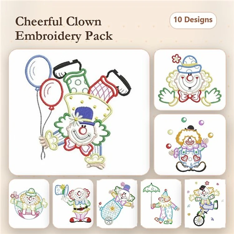 Cheerful Clowns Embroidery Bundle – Clown with Balloons, Juggling Clown, Clown on Unicycle & More (10 Designs)