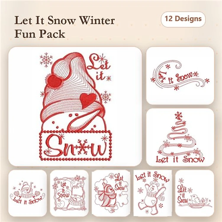 Redwork Winter Embroidery Designs Bundle – Santa Hat with Hearts, Snowman with Scarf, Christmas Tree & More (12 Designs)