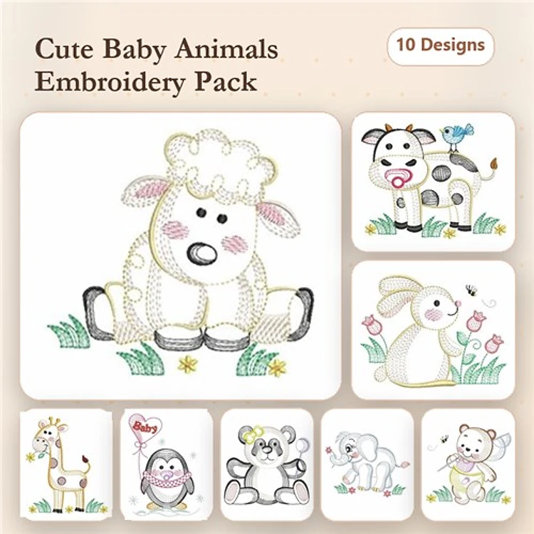 Cute Baby Animals Embroidery Bundle – Baby Sheep, Baby Cow, Baby Bunny & More (10 Designs)