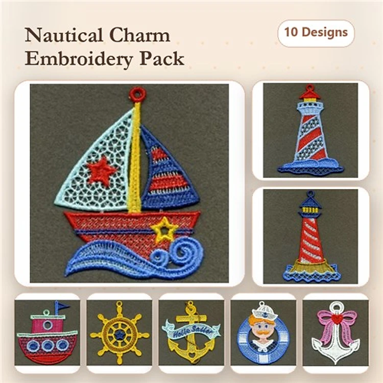 FSL Nautical Embroidery Bundle – Sailboat, Lighthouse, Life Preserver & More (10 Designs)