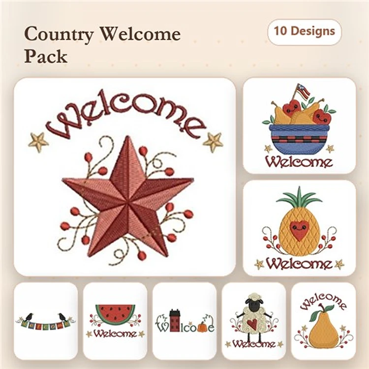 Welcome Themed Embroidery Designs Bundle – Star Welcome, Watermelon Welcome, Sheep Welcome & More (10 Designs)