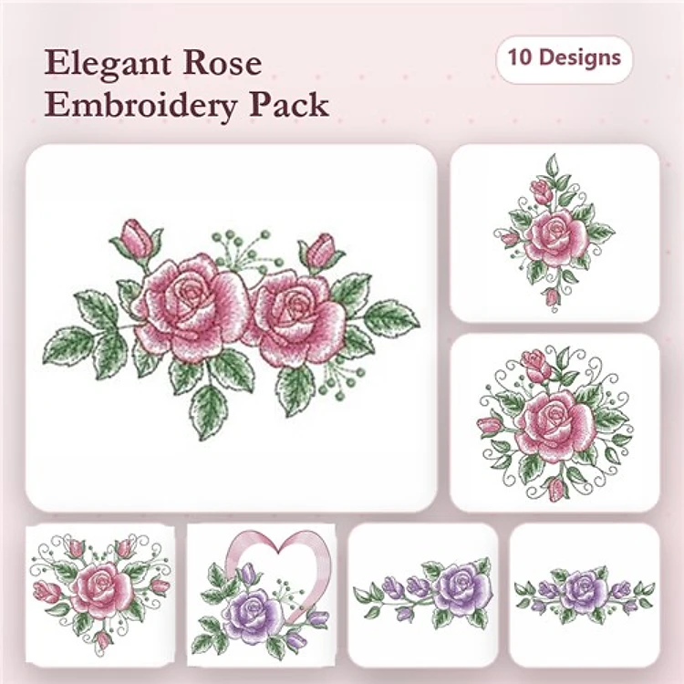 Elegant Roses Embroidery Designs Bundle – Rose Bouquet with Buds, Heart with Roses, Cluster of Roses & More (10 Designs)