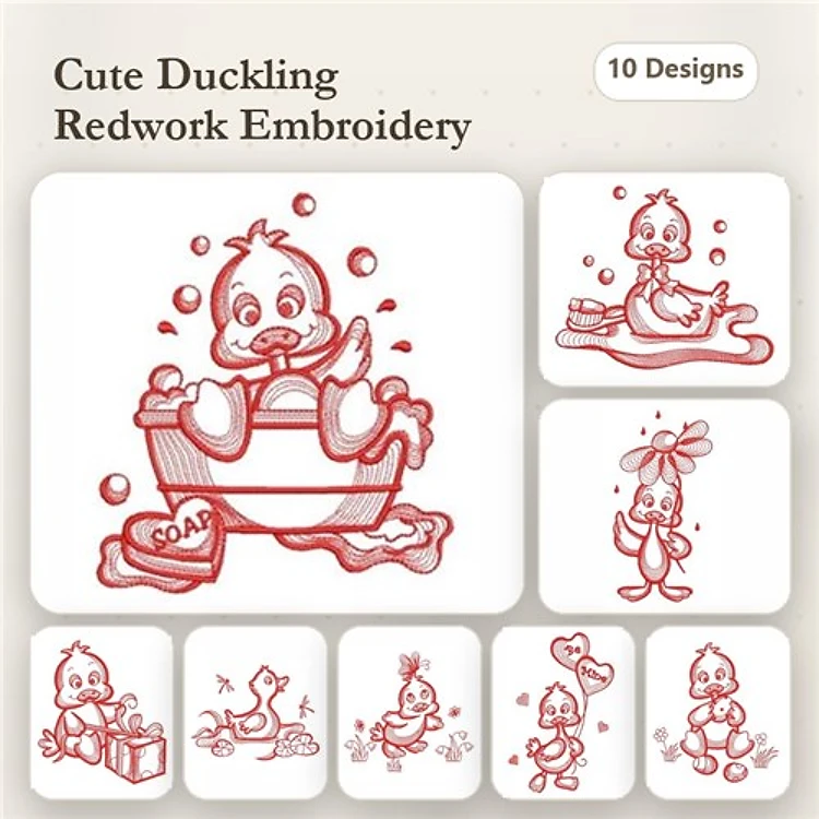 Redwork Cute Ducklings Embroidery Designs Bundle – Duckling in Bathtub, Duckling with Flower, & More (10 Designs)
