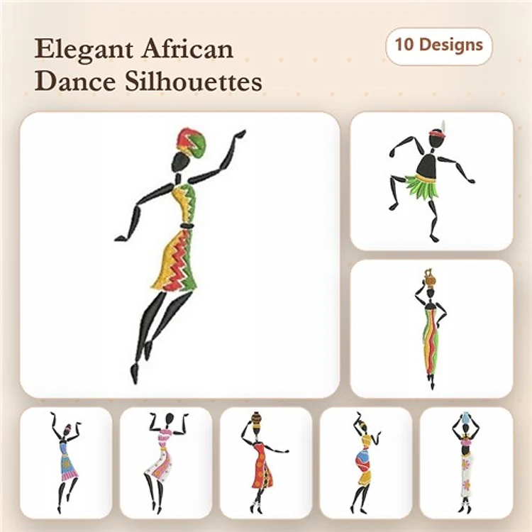 African Dance Silhouettes Embroidery Designs Bundle – Dancer with Headpiece, Dancer with Drum, Dancer in Traditional Outfit & More (10 Designs)