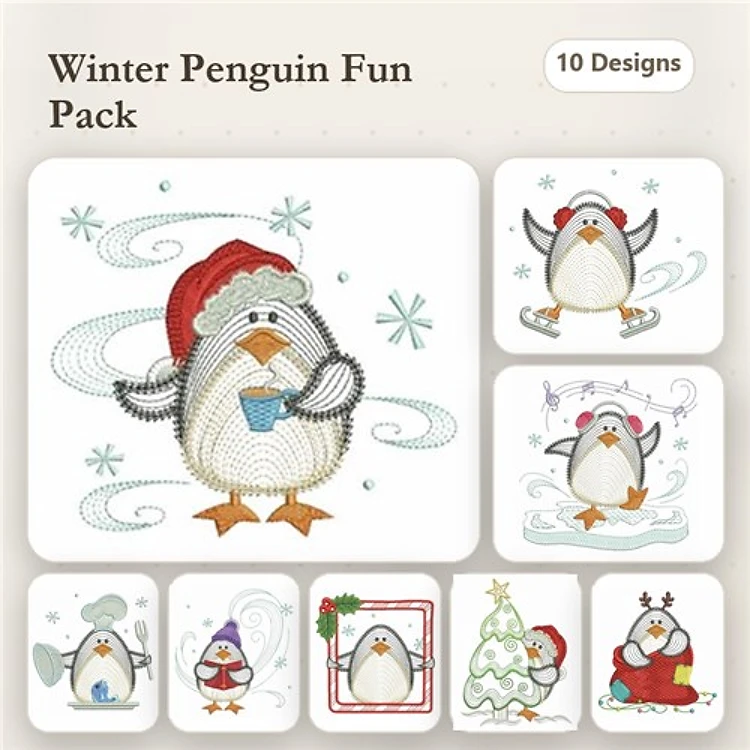 Winter Penguin Embroidery Designs Bundle – Penguin with Coffee, Penguin with Santa Hat, & More (10 Designs)