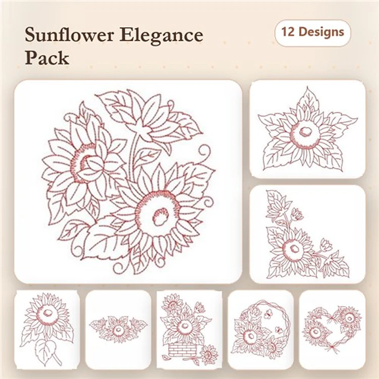 Redwork Sunflower Embroidery Bundle – Sunflower Bouquet, Sunflower Wreath, Sunflower Basket & More (12 Designs)