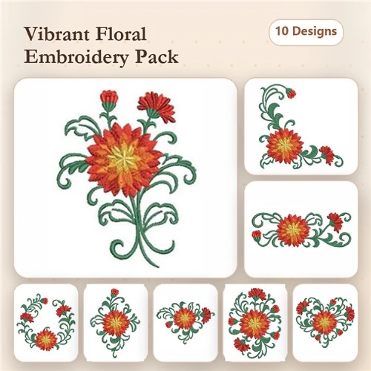 Vibrant Floral Embroidery Bundle – Floral Corner, Floral Heart, Bouquet & More (10 Designs)