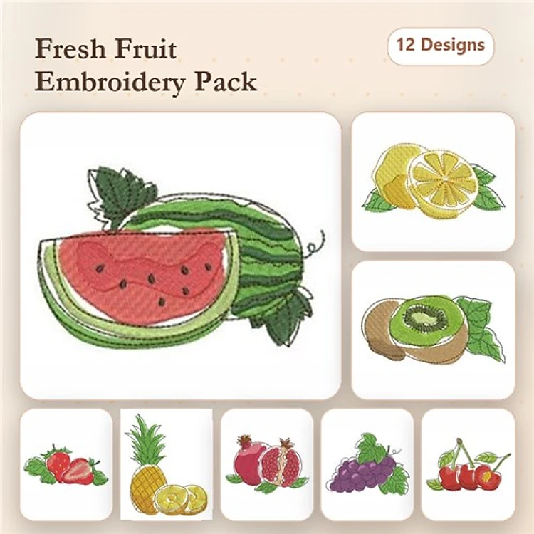Fresh Fruit Embroidery Bundle – Watermelon, Lemon, Kiwi & More (12 Designs)