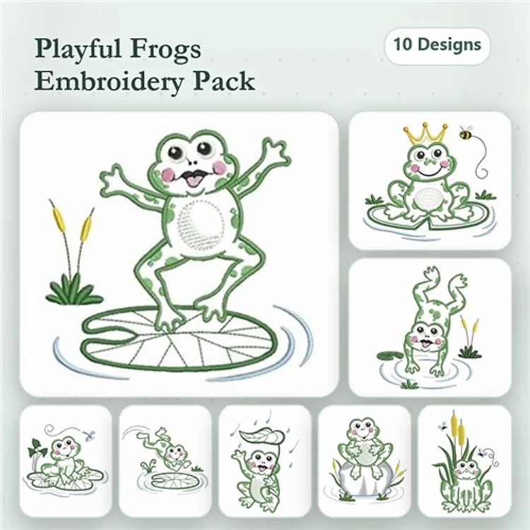 Frog Embroidery Designs Bundle – Jumping Frog, Frog with Crown, Frog on Lily Pad & More (10 Designs)