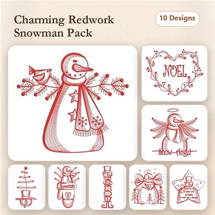 Redwork Snowman Embroidery Designs Bundle – Snowman with Scarf, Christmas Tree, Angel & More (10 Designs)