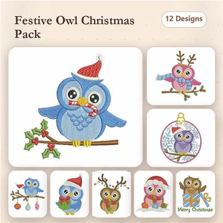 Festive Christmas Owls Embroidery Bundle – Blue Owl with Santa Hat, Pink Owl with Antlers & More (12 Designs)