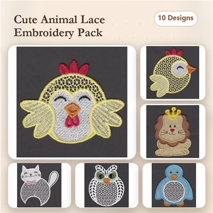 FSL Cute Animal Lace Embroidery Bundle – Chicken, Lion, Cat, Owl & More (10 Designs)