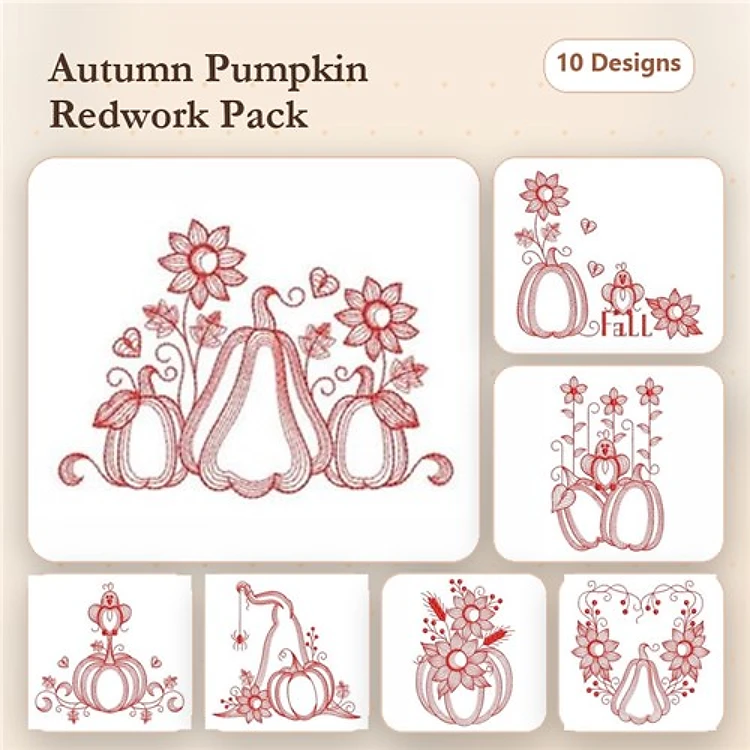 Redwork Autumn Pumpkin & Flowers Embroidery Designs Bundle – Pumpkin with Flowers, Stacked Pumpkins, & More (10 Designs)