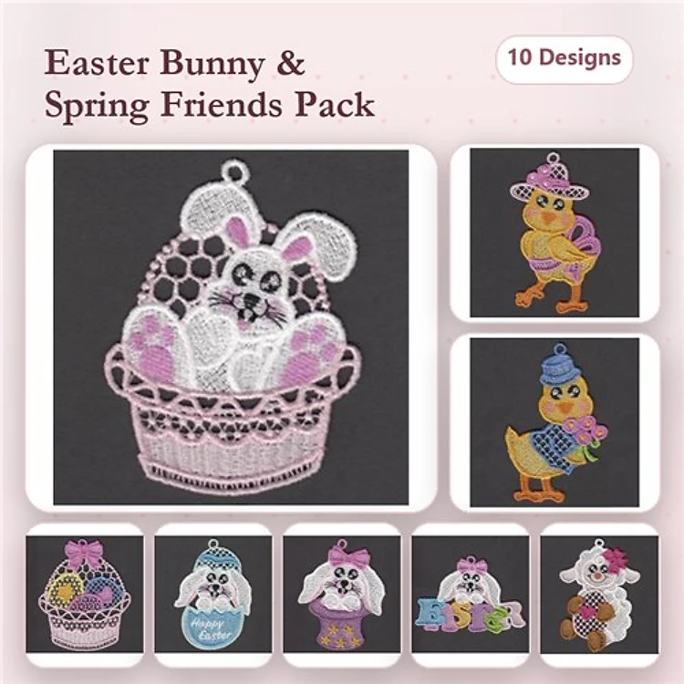 FSL Easter Embroidery Designs Bundle – Easter Bunny, Chick in Cupcake, Duck in Hat & More (10 Designs)