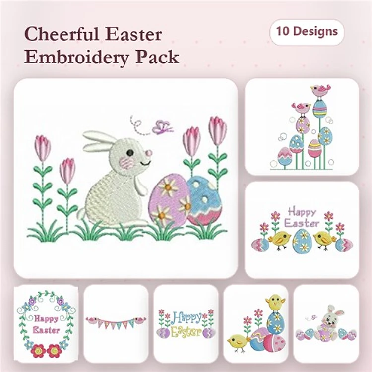 Easter Bunny & Egg Embroidery Bundle – Bunny with Easter Egg, Happy Easter Text, Colorful Easter Eggs & More (10 Designs)