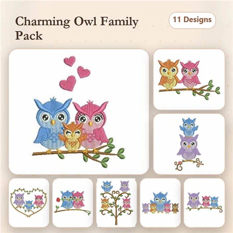 Charming Owl Family Embroidery Designs Bundle – Blue Owl, Pink Owl, Owl with Hearts & More (11 Designs)
