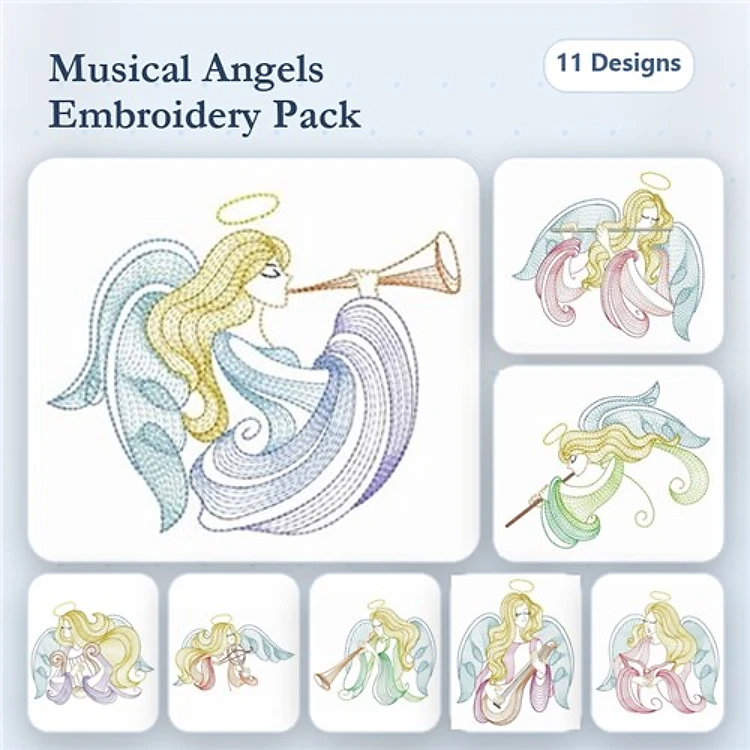 Musical Angels Embroidery Bundle – Angel Playing Trumpet, Angel with Flute, Dancing Angel & More (11 Designs)