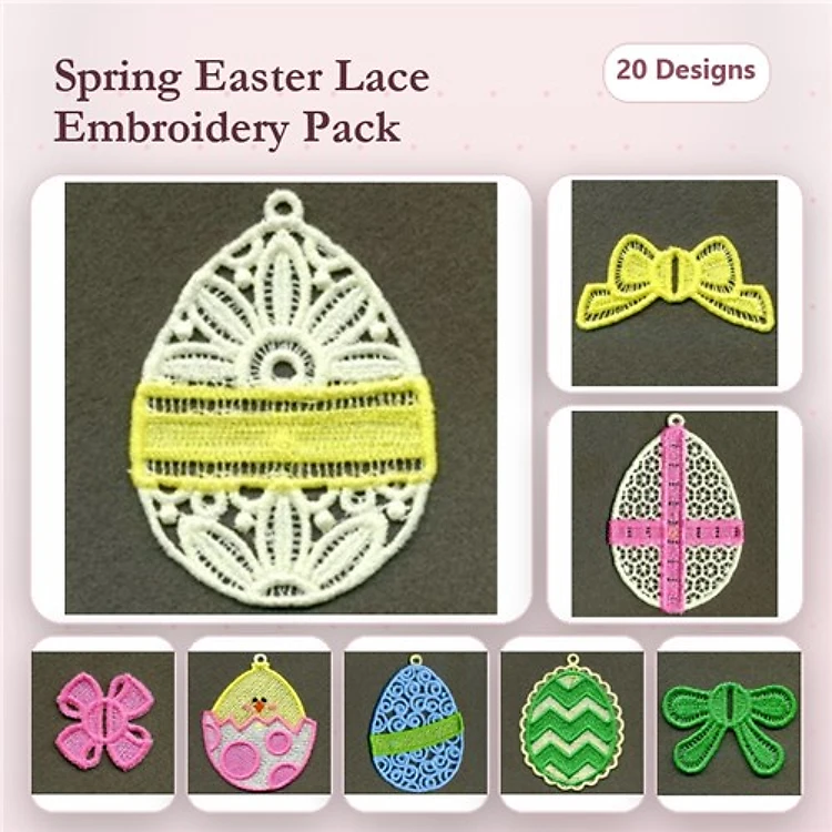 FSL Easter Lace Embroidery Bundle – Egg Ornaments, Bow, Flower & More (20 Designs)