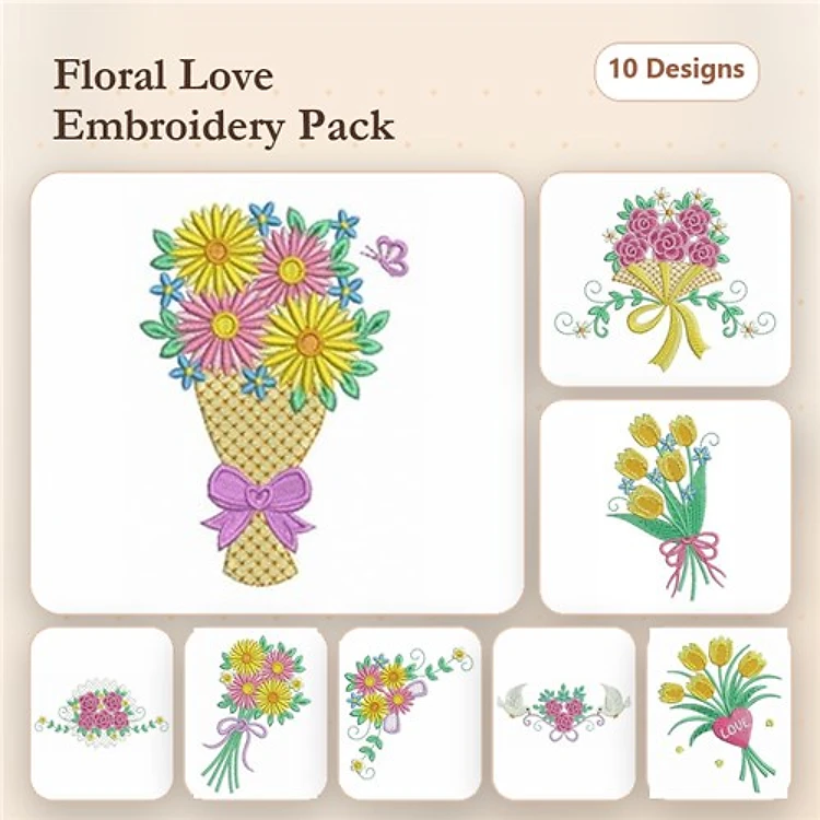 Floral Bouquet Embroidery Bundle – Daisies, Roses, Tulips & More (10 Designs)