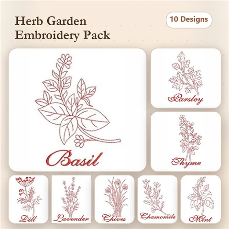 Redwork Herb Garden Embroidery Designs Bundle – Basil, Parsley, Thyme & More (10 Designs)