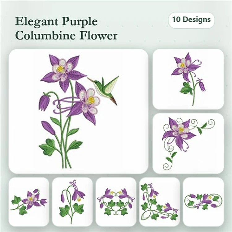 Elegant Purple Columbine Flower Embroidery Designs Bundle – Columbine Flower with Hummingbird, Single Columbine Flower, & More (10 Designs)