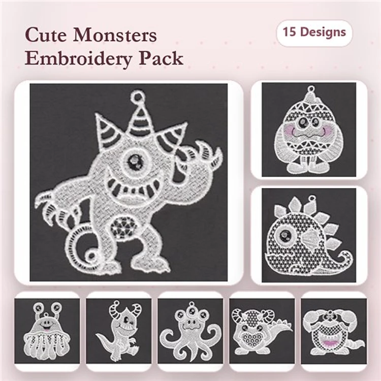FSL Cute Monster Embroidery Designs Bundle – Monster with Party Hat, Round Monster, Spiky Dinosaur & More (15 Designs)