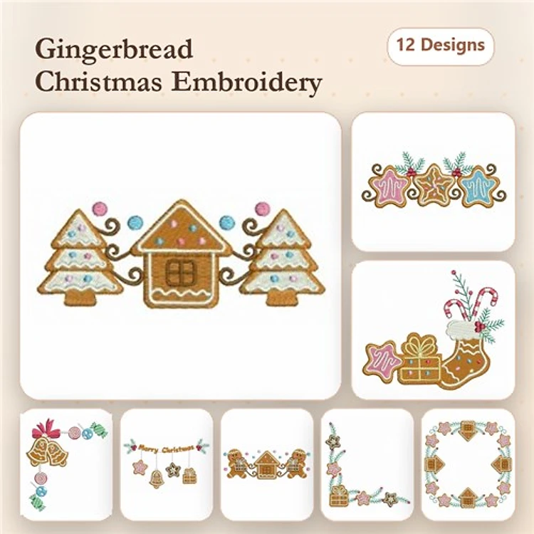 Gingerbread Christmas Embroidery Designs Bundle – Gingerbread House, Christmas Trees, Santa Stocking & More (12 Designs)