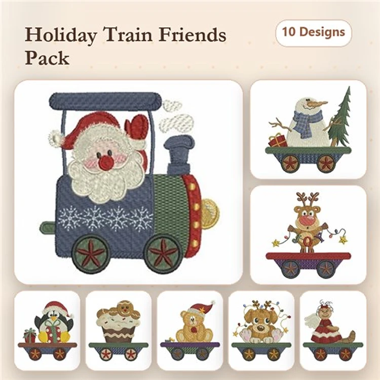 Holiday Train Characters Embroidery Bundle – Santa, Snowman, Reindeer & More (10 Designs)