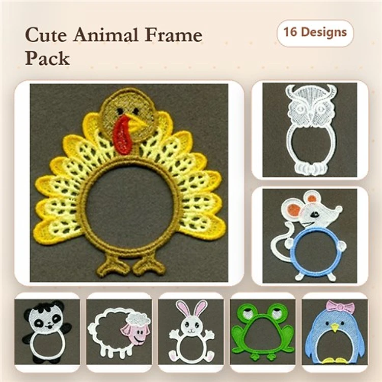 FSL Cute Animal Frames Embroidery Bundle – Turkey, Owl, Mouse, Panda & More (16 Designs)