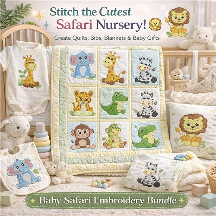 Baby Safari Animals Embroidery Bundle – Giraffe, Elephant, Lion, Zebra & More (10 Designs)