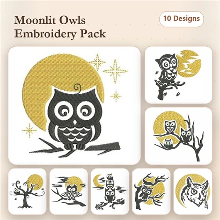 Owl Embroidery Designs Bundle – Owl on Branch with Moon, Stacked Owls, Owl Family & More (10 Designs)