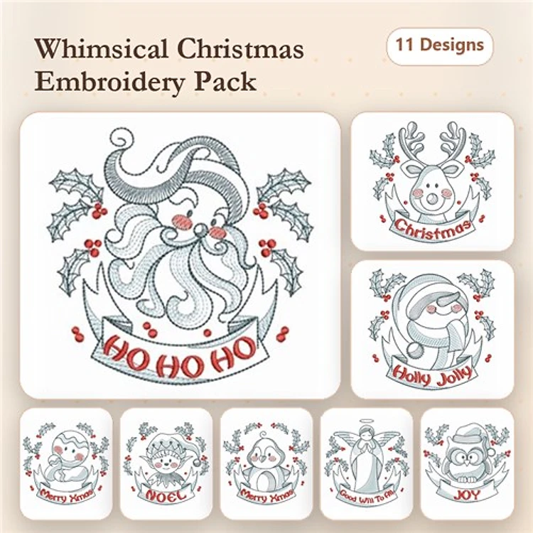 Redwork Whimsical Christmas Embroidery Designs Bundle – Santa Claus, Reindeer, Snowman & More (11 Designs)