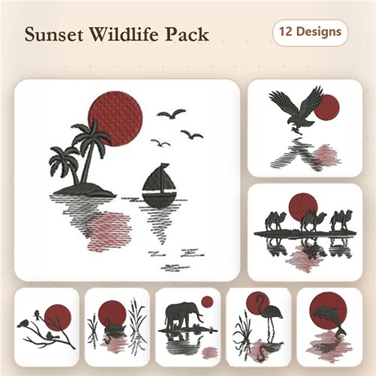Sunset Wildlife Embroidery Bundle – Sailboat, Eagle in Flight, Elephants at Sunset & More (12 Designs)