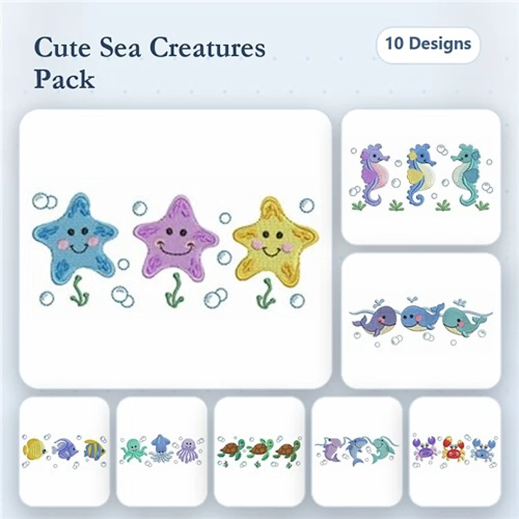 Cute Sea Creatures Embroidery Bundle – Starfish with Smiles, Playful Octopus, Whale with Bubbles & More (10 Designs)