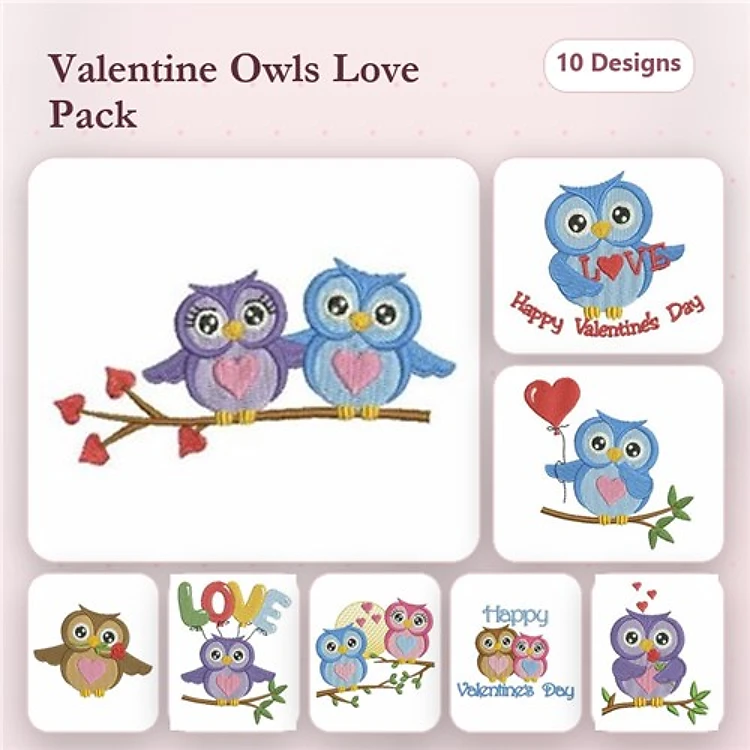 Valentine Owls Embroidery Designs Bundle – Purple Owls on Branch, Blue Owl with Heart, Owl Couple with Hearts & More (10 Designs)