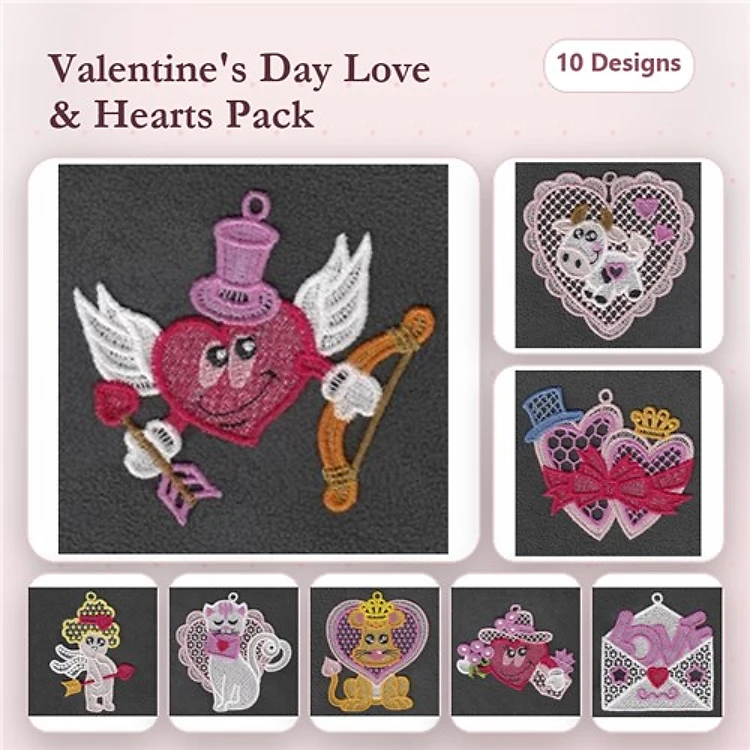 FSL Valentine's Day Embroidery Designs Bundle – Cupid Heart, Heart with Bow, Lace Hearts & More (10 Designs)