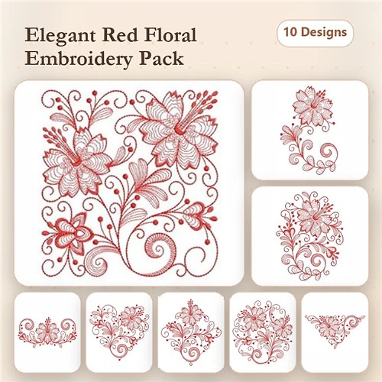 Redwork Elegant Floral Embroidery Bundle – Floral Arrangement, Single Flower, Decorative Floral Heart & More (10 Designs)