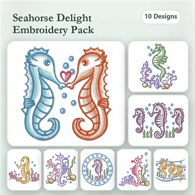 Seahorse Embroidery Designs Bundle – Loving Seahorses, Seahorse with Coral, Cute Seahorse Pair & More (10 Designs)